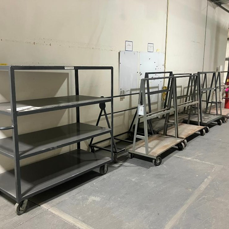 (8) A-FRAME MATERIAL HANDLING CARTS, (1) 4-SHELF 30' X 60" STEEL CART
