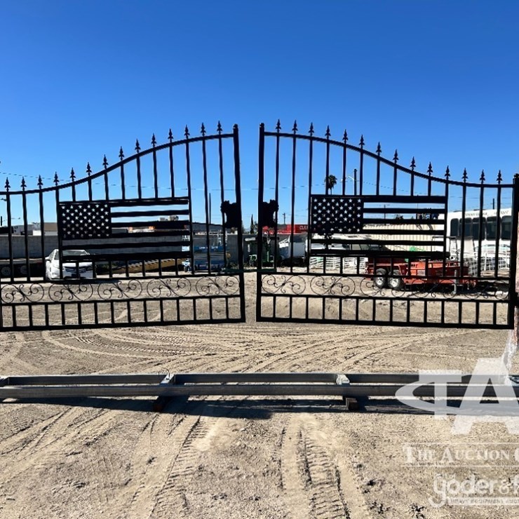 2026 EARTHYGROUNDS EG-10S-UF 20FT DOUBLE-SWING WROUGHT IRON DRIVEWAY GATE W/TIMBER POSTS, US Flag Design.