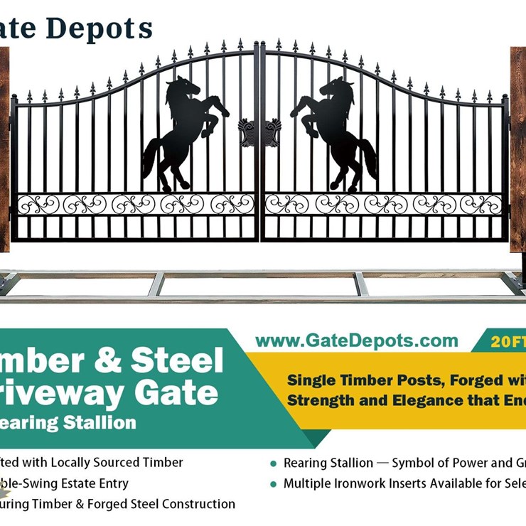 UNUSED 20FT Timber & Steel Driveway Gate Rearing Stallion Design