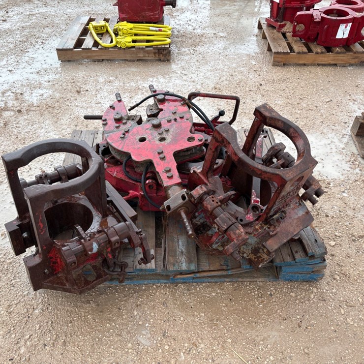 Pallet w/ (2) incomplete CH-D 125Ton tubing spiders, pneumatic tong backup & tubing tong body