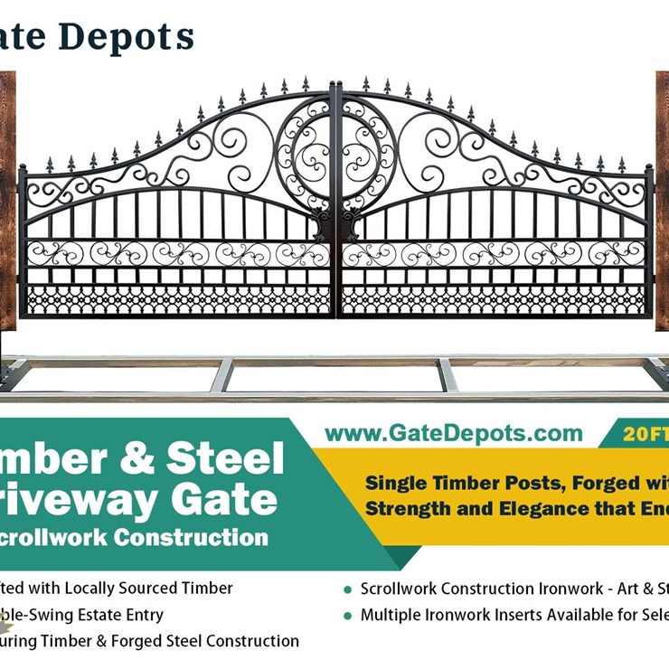 UNUSED 20FT Timber & Steel Driveway Gate Scrollwork Construction Design