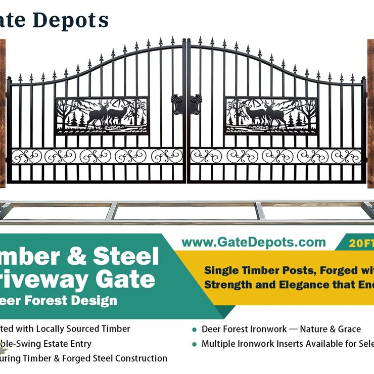 UNUSED 20FT Timber & Steel Driveway Gate Deer Forest Design