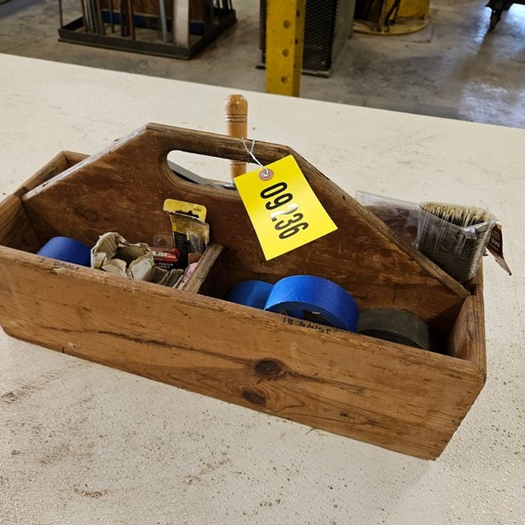 #9236 • Wooden Tool Box With Assorted Hardware
